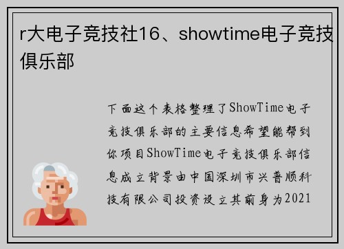 r大电子竞技社16、showtime电子竞技俱乐部