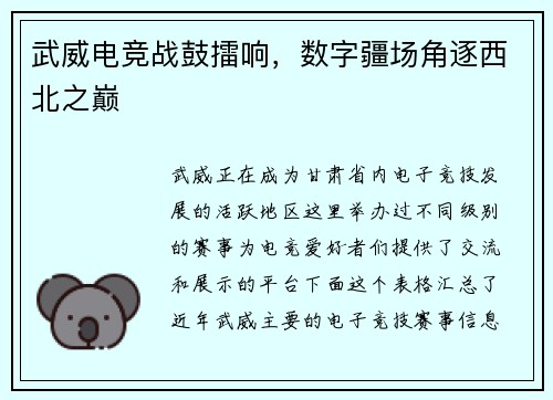 武威电竞战鼓擂响，数字疆场角逐西北之巅